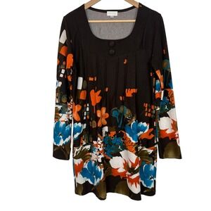 Adore Floral Sweater Dress Women Large Brown Long Sleeve Retro Mod Style Pleated